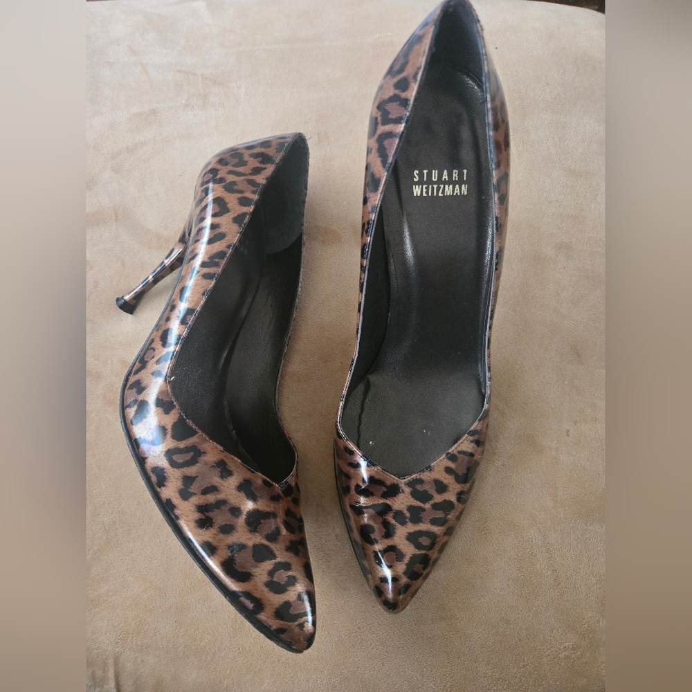 Stuart Weitzman Classic 100mm Stiletto Pump Leopard-Print Patent Leather Heel, 9